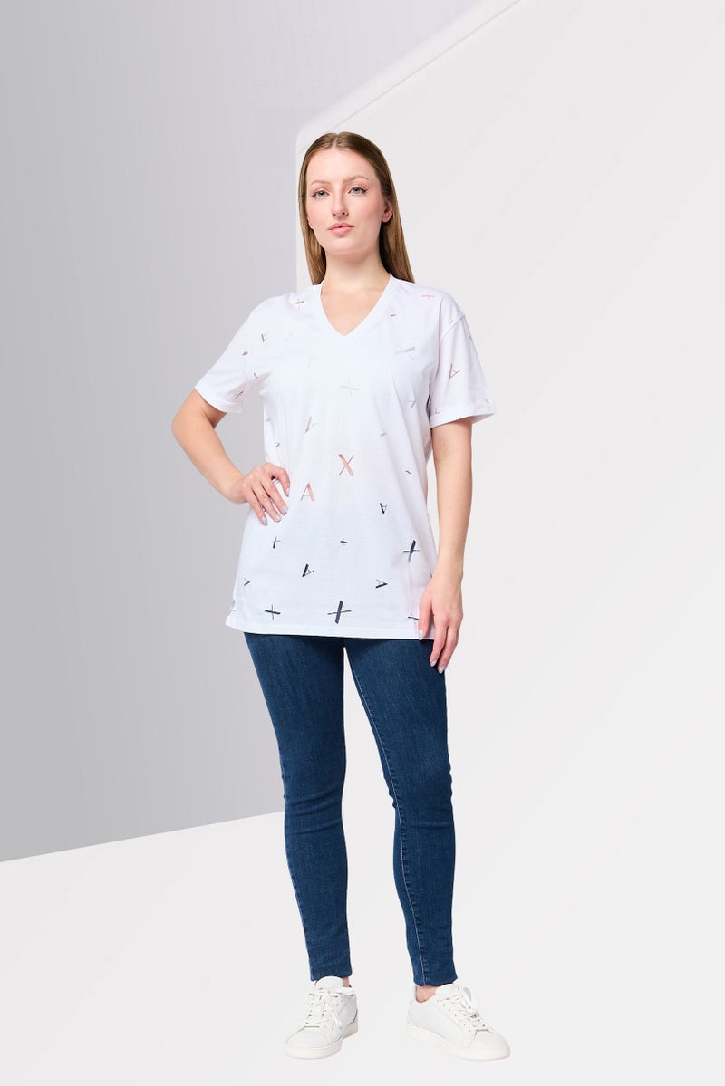 armani AX Armani Exchange Women V-Neck Short Sleeve Textured T-Shirt, White - Image 2